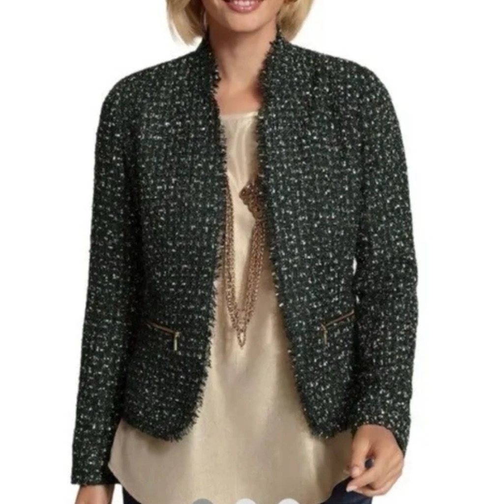 Chico’s Emerald Green Metallic Tweed Collarless Fringe Open Jacket 1/M